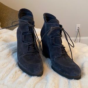 Stuart Weitzman dark grey suede wedge booties, Size 8 1/2 M. Lace up